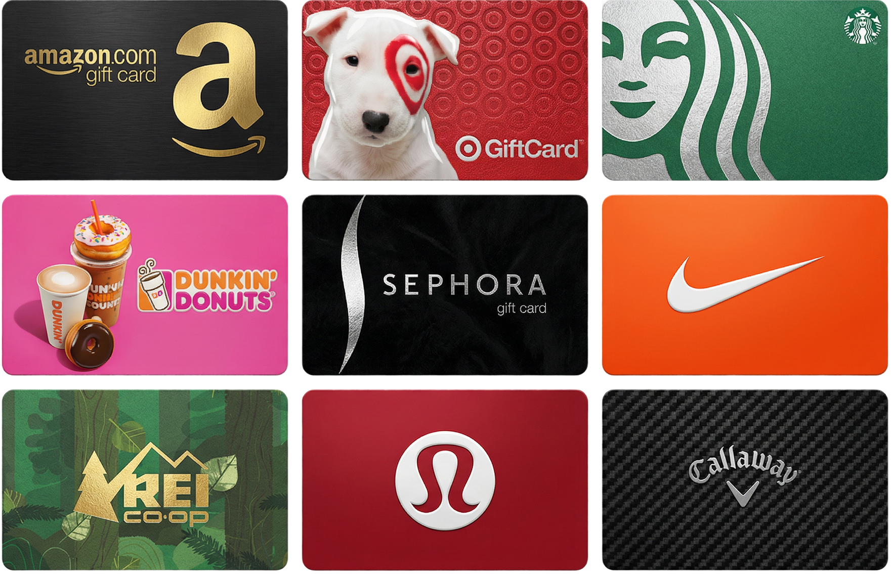 Premium gift card catalog featuring Amazon, Target, Starbucks, Dunkin Donuts, Sephora, Nike, REI, Lululemon, and Callaway