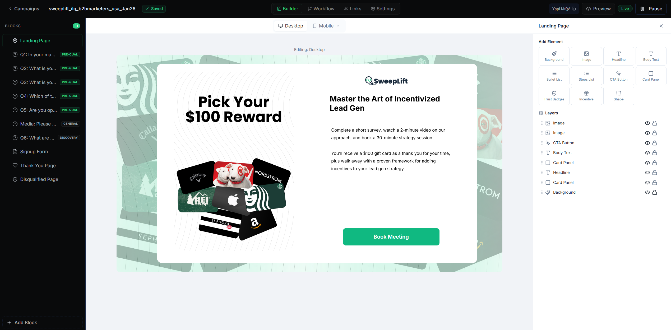 SweepLift campaign builder editing the "Master the Art of Incentivized Lead Gen" landing page: a left block list with landing page, pre-qualification questions, signup form and thank-you page; a centered preview with a Pick Your $100 Reward gift-card cluster and Book Meeting CTA; and a right-hand elements and layers panel