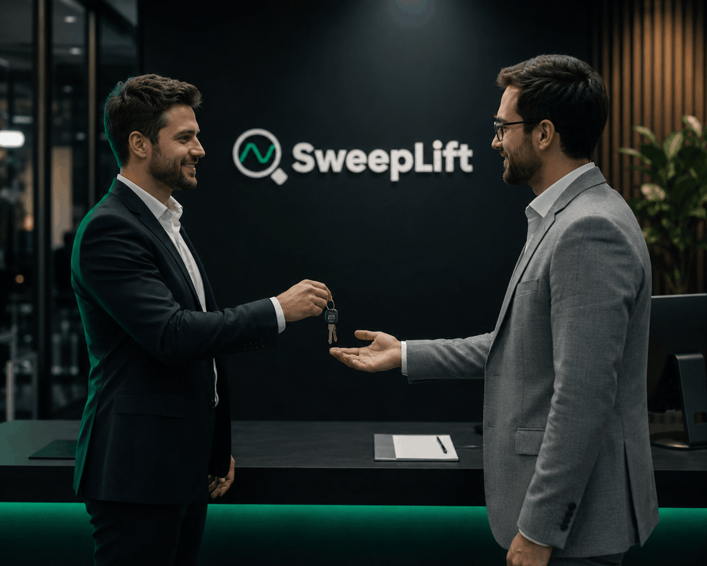 SweepLift representative handing over the keys to a client in front of the SweepLift logo, representing teams taking campaigns in-house